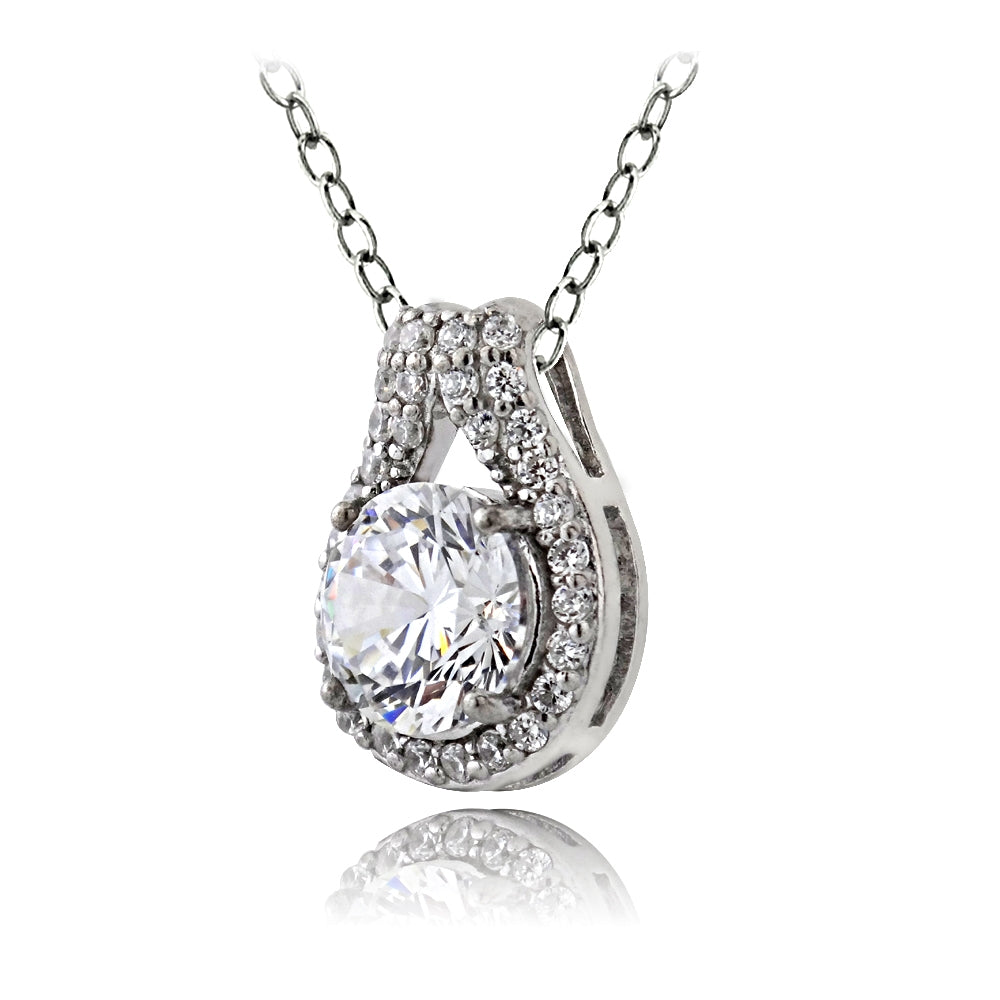 Platinum Plated Sterling Silver 100 Facets Cubic Zirconia Round Teardrop Necklace(2cttw)-3