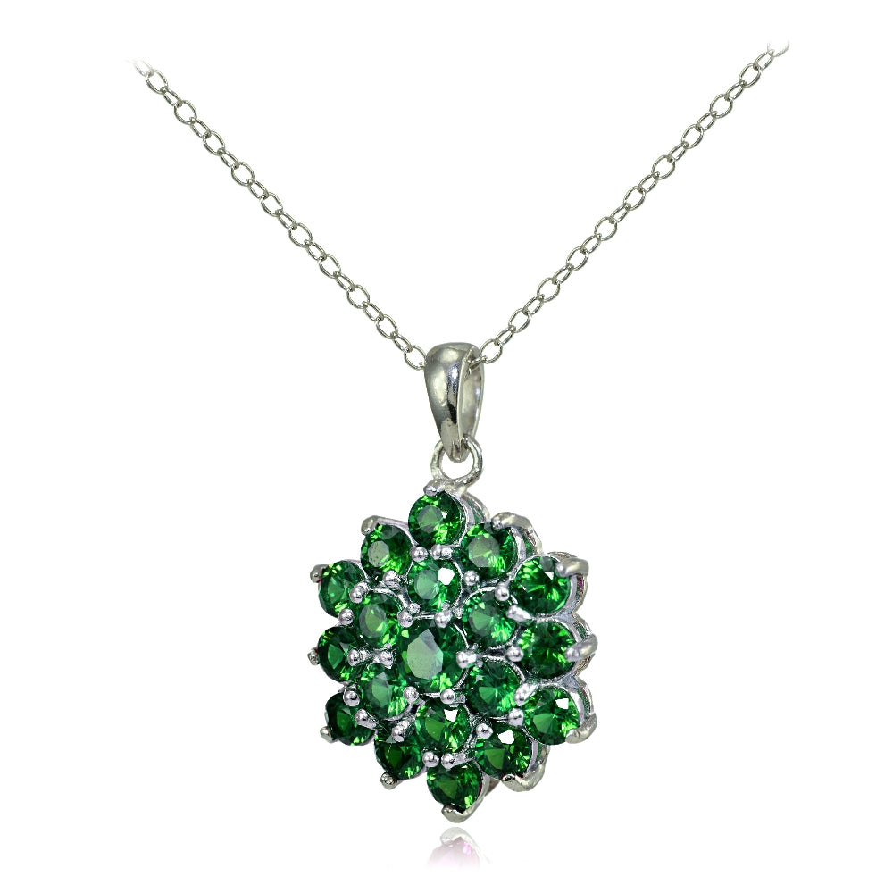 Sterling Silver Created Emerald Flower Necklace-2