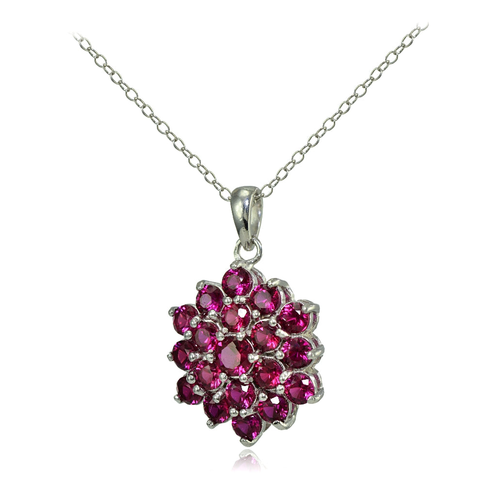 Sterling Silver Created Ruby Flower Necklace-2
