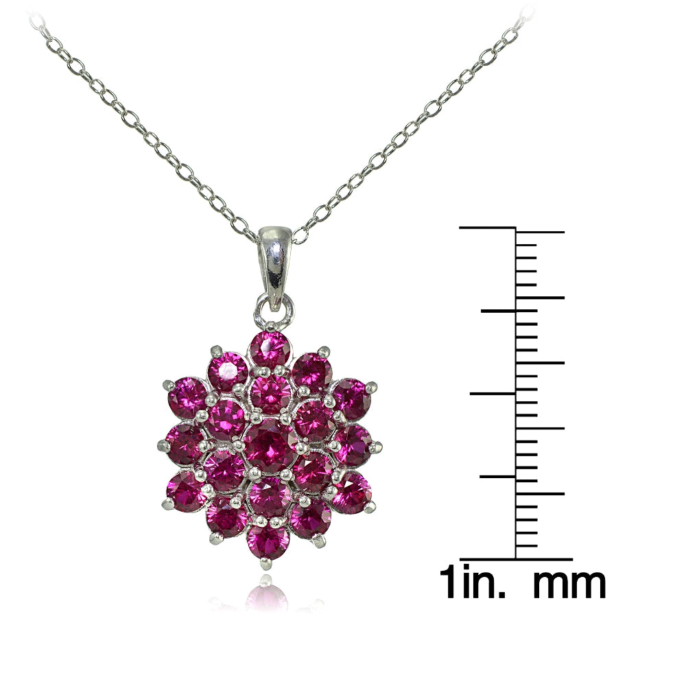 Sterling Silver Created Ruby Flower Necklace-3