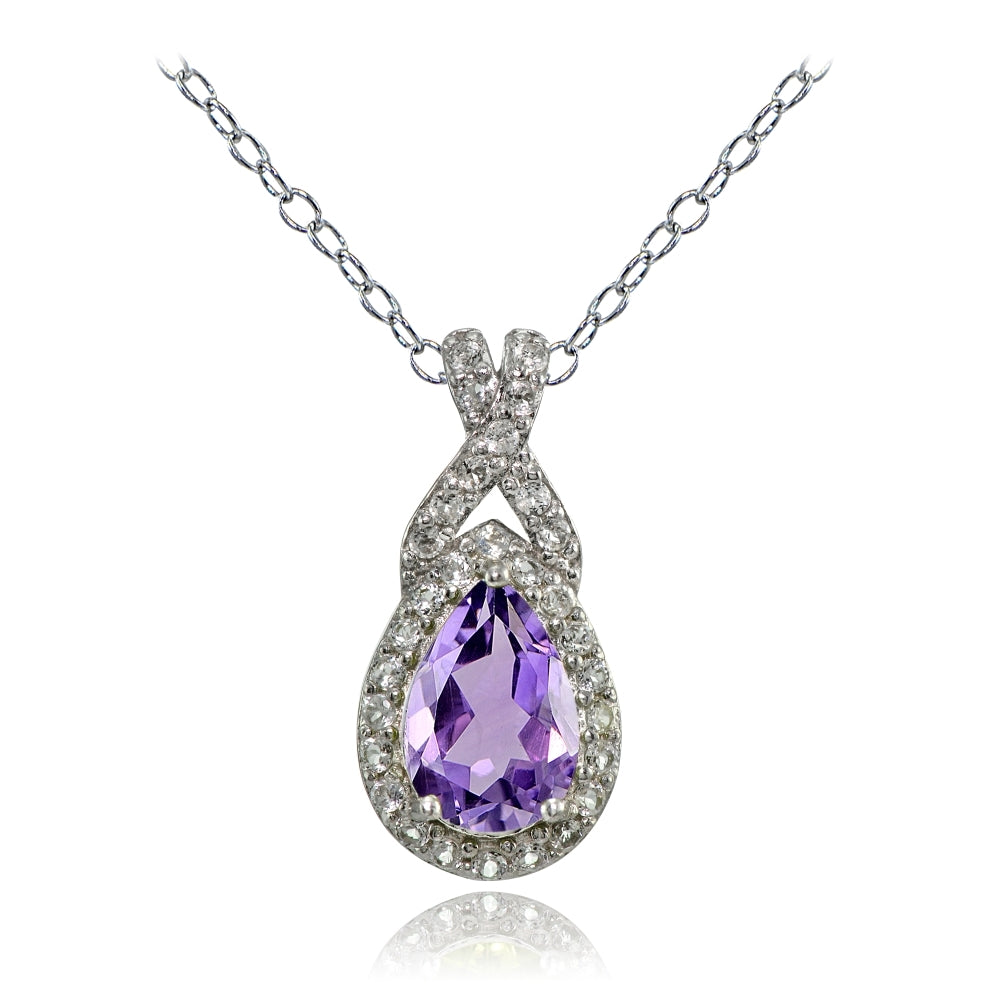 Sterling Silver Amethyst and White Topaz X and Teardrop Necklace