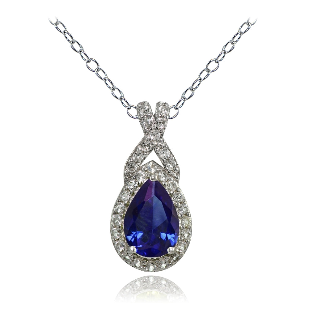 Sterling Silver Created Blue Sapphire and White Topaz X and Teardrop Necklace