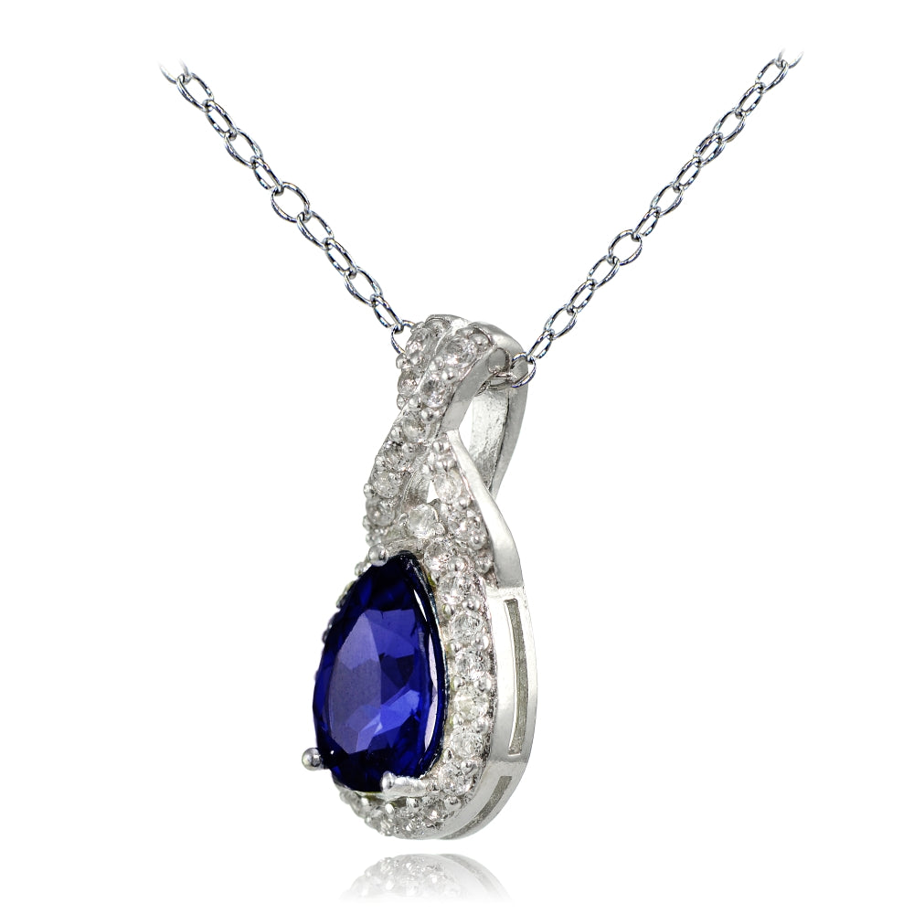 Sterling Silver Created Blue Sapphire and White Topaz X and Teardrop Necklace-2