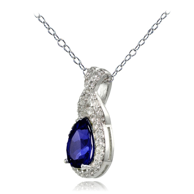 Sterling Silver Created Blue Sapphire and White Topaz X and Teardrop Necklace