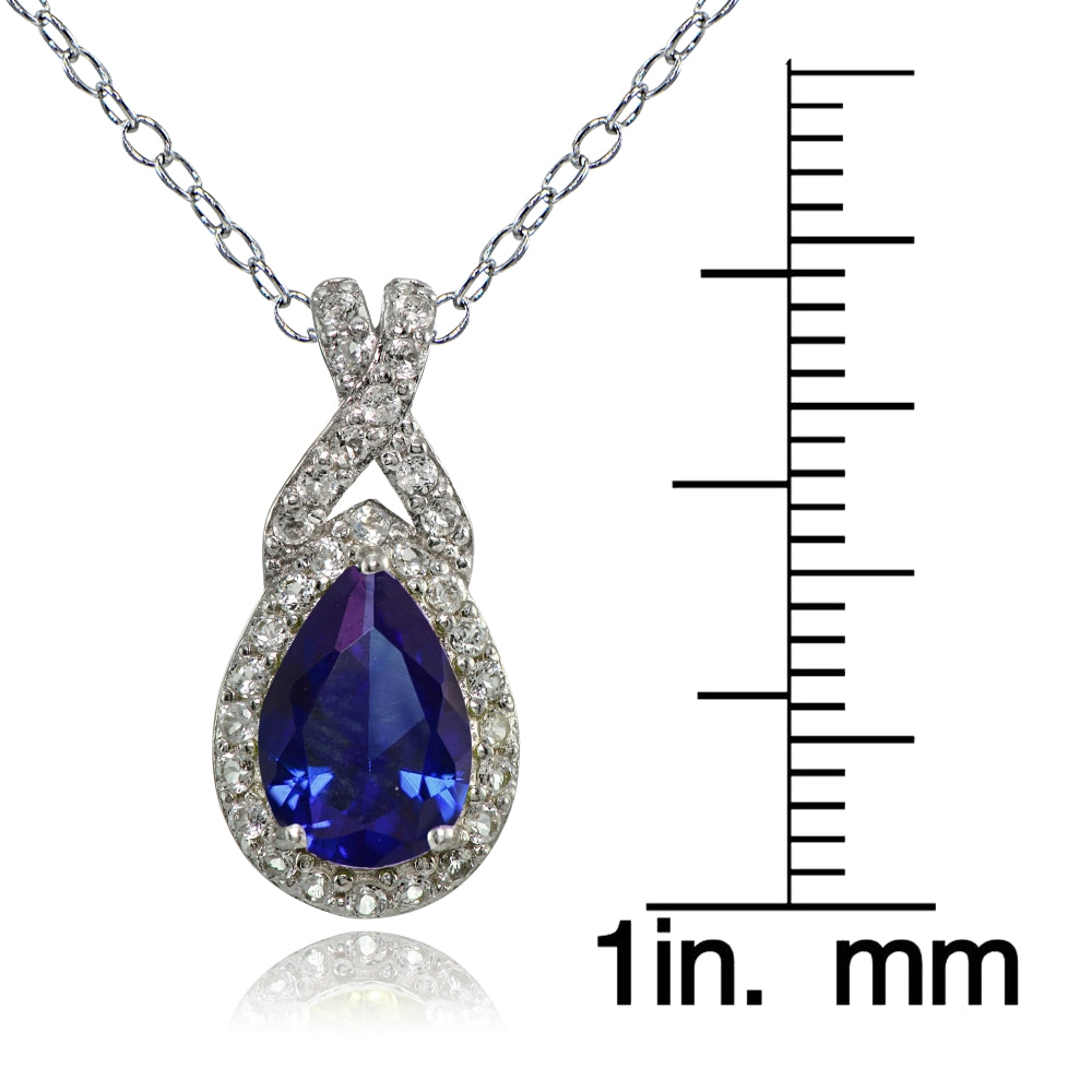 Sterling Silver Created Blue Sapphire and White Topaz X and Teardrop Necklace-3
