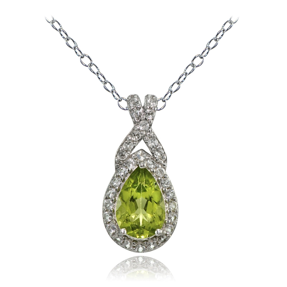 Sterling Silver Peridot and White Topaz X and Teardrop Necklace
