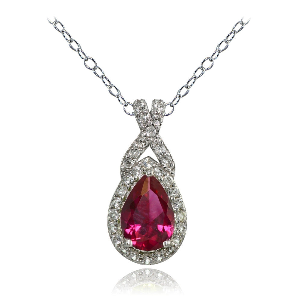 Sterling Silver Created Ruby and White Topaz X and Teardrop Necklace