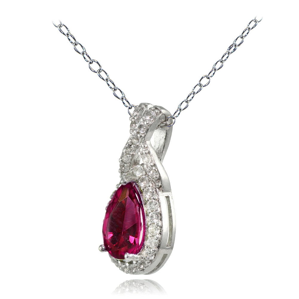 Sterling Silver Created Ruby and White Topaz X and Teardrop Necklace-2