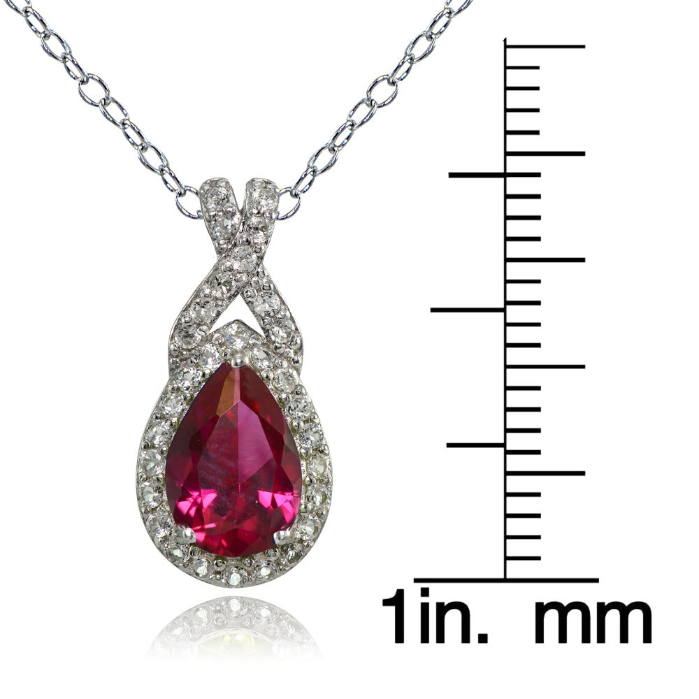 Sterling Silver Created Ruby and White Topaz X and Teardrop Necklace-3