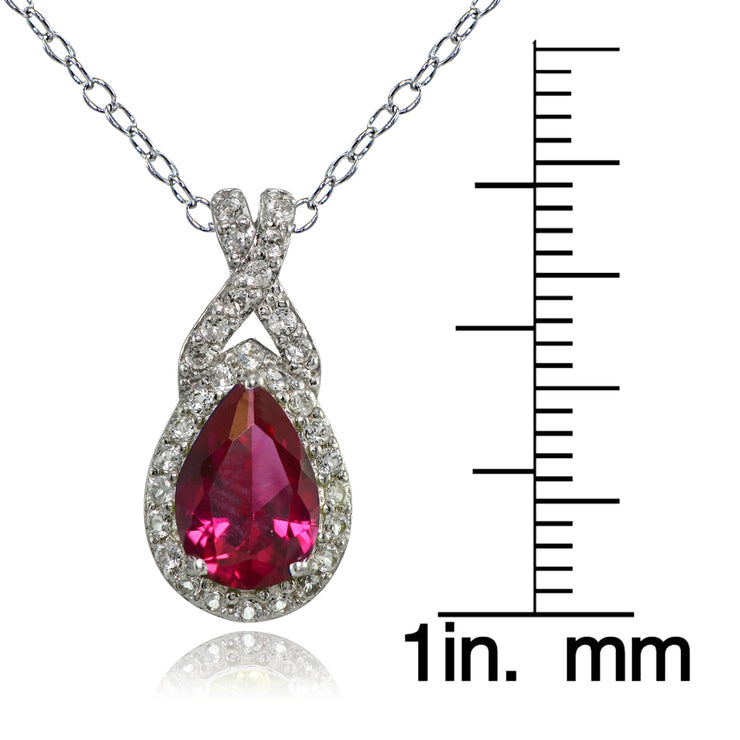 Sterling Silver Created Ruby and White Topaz X and Teardrop Necklace