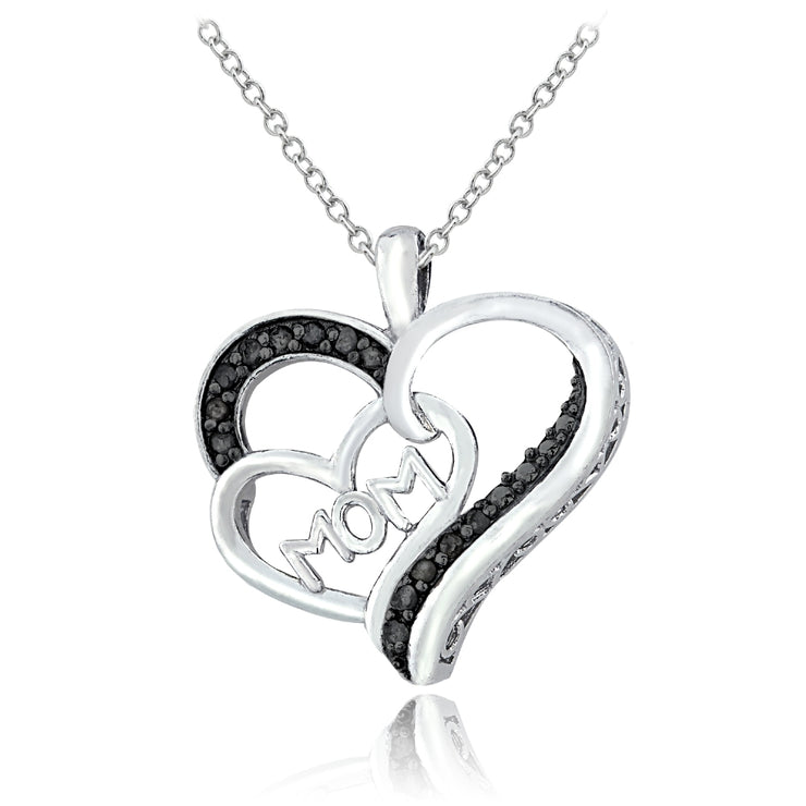 Sterling Silver 1/8 ct Black Diamond MOM Double Heart Necklace
