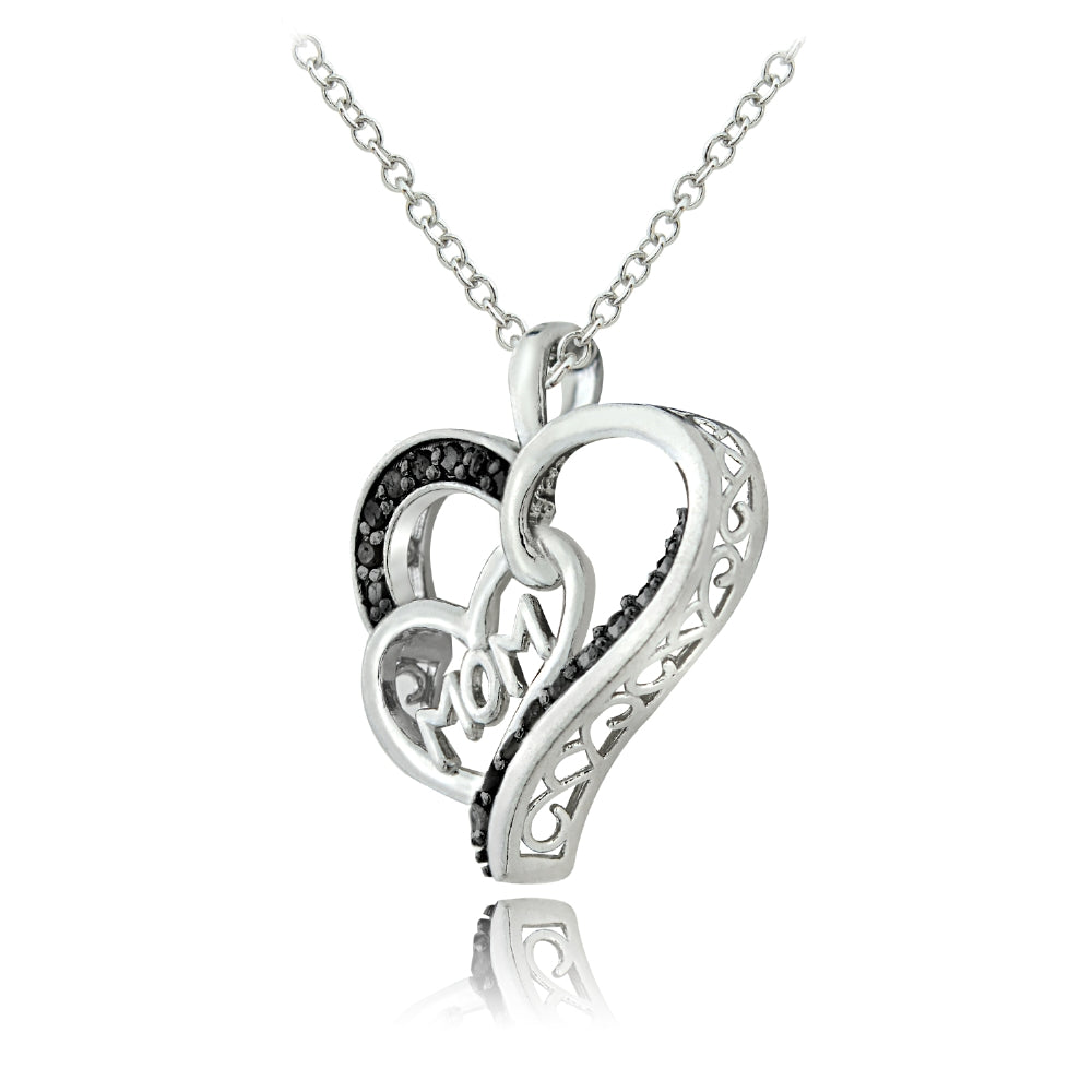 Sterling Silver 1/8 ct Black Diamond MOM Double Heart Necklace-2