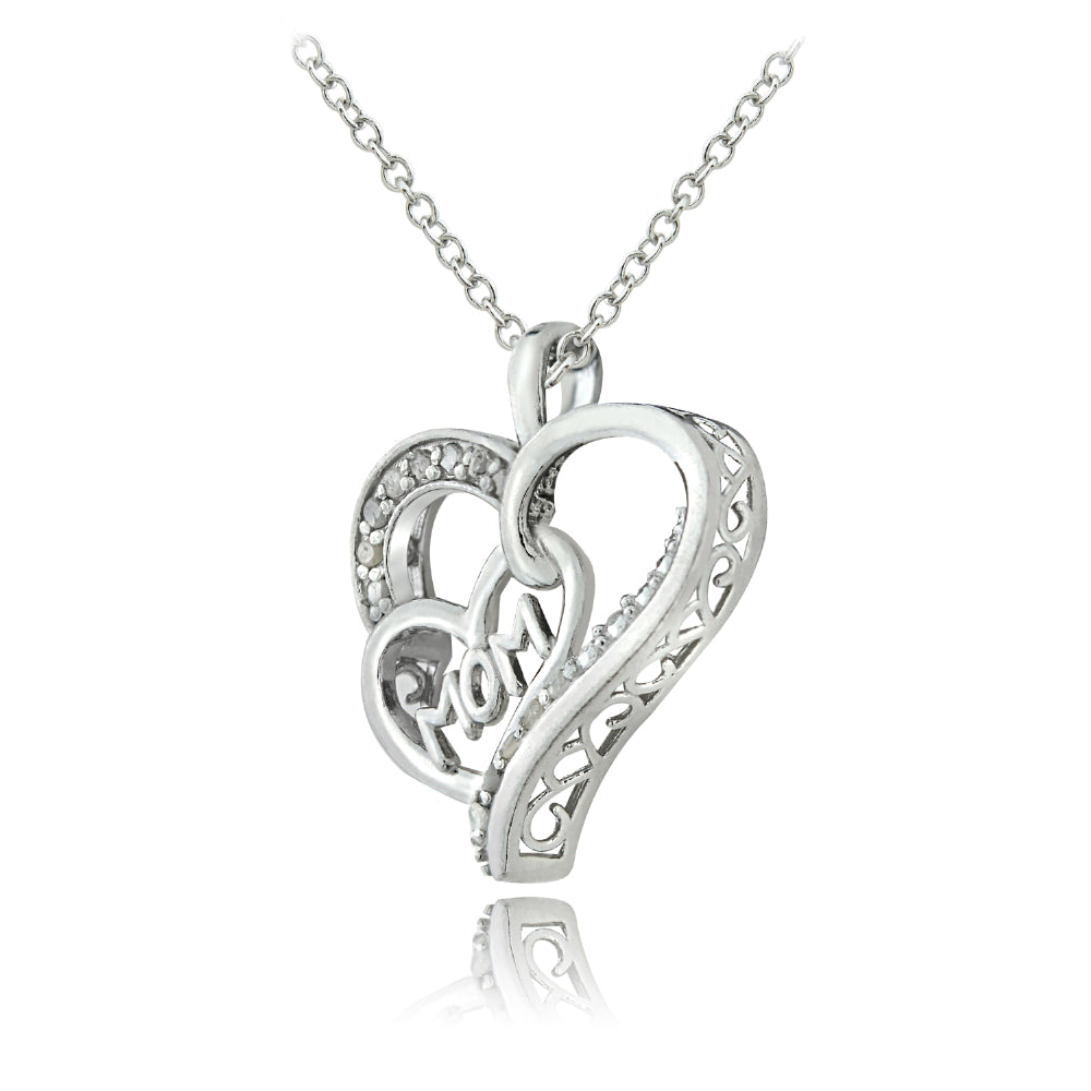 Sterling Silver 1/8 ct Diamond MOM Double Heart Necklace-2