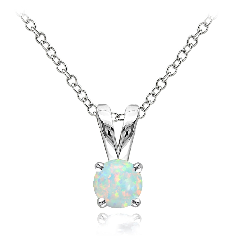 Sterling Silver Created White Opal Round Solitaire Necklace,  5mm