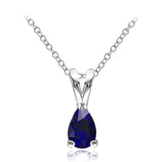 Sterling Silver Created Blue Sapphire 6x4mm Teardrop Solitaire Necklace