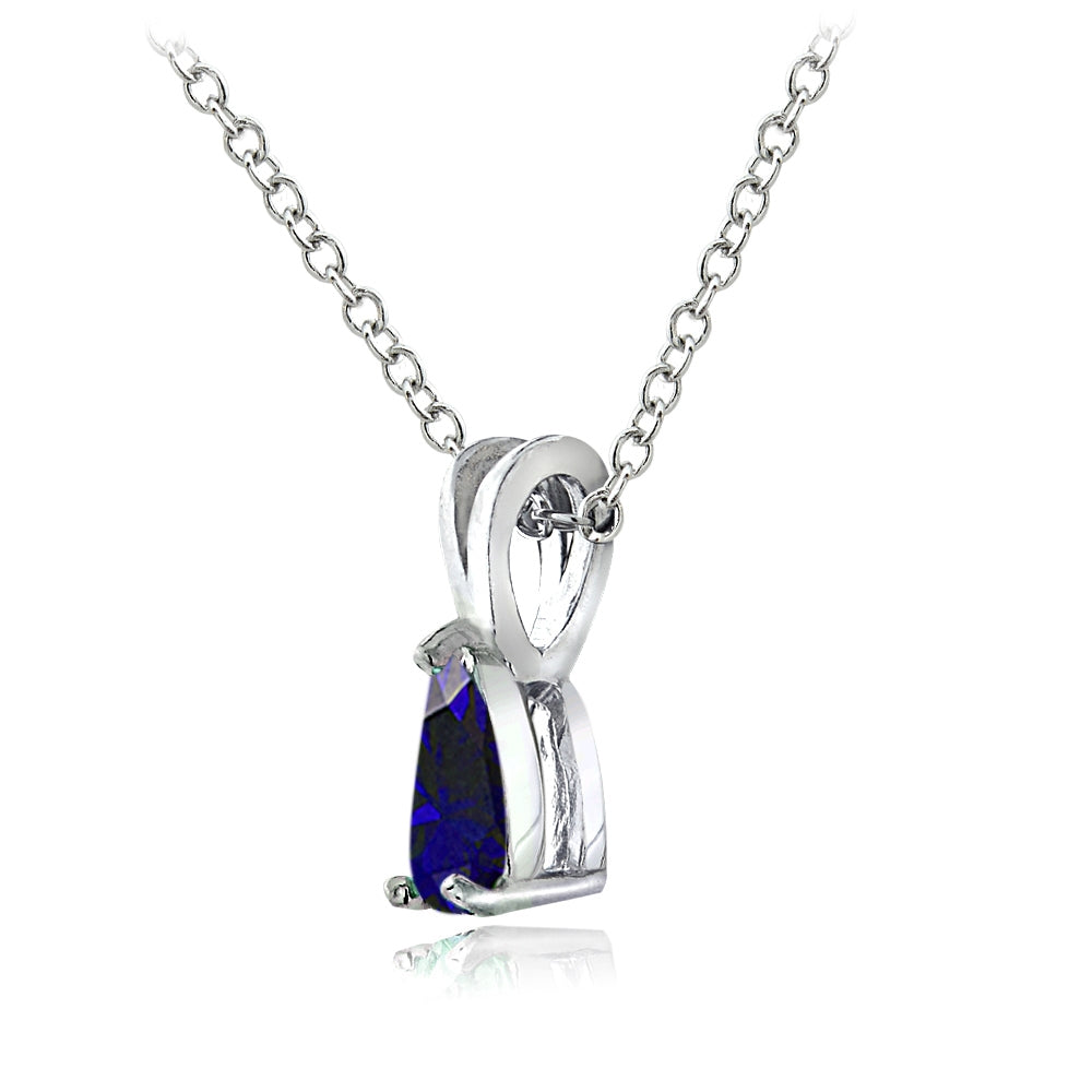 Sterling Silver Created Blue Sapphire 6x4mm Teardrop Solitaire Necklace-3