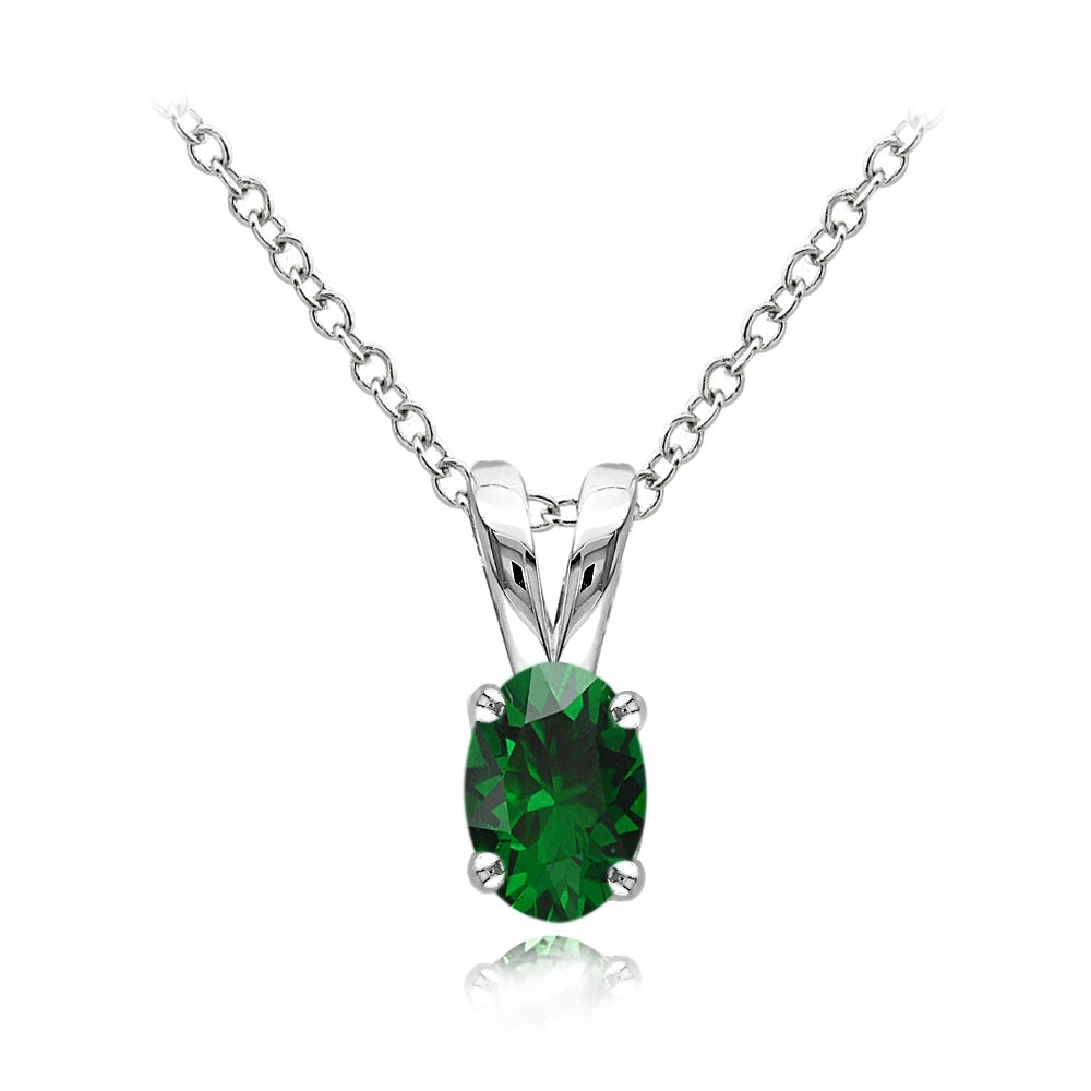 Sterling Silver Simulated Emerald 6x4mm Oval Solitaire Necklace