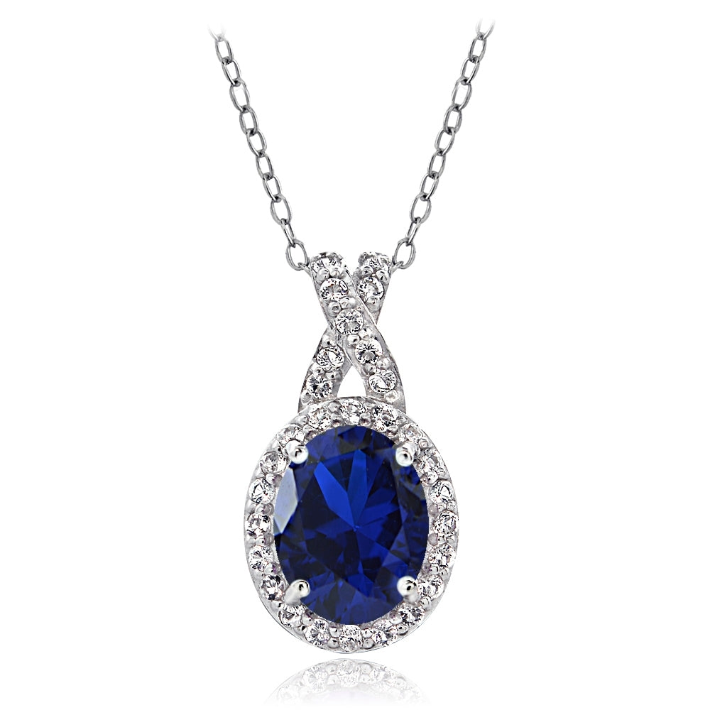 Sterling Silver Created Blue Sapphire & White Topaz X and Oval Necklace