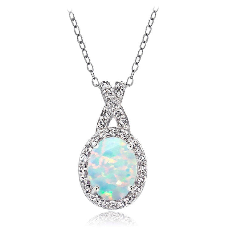 Sterling Silver Created White Opal & White Topaz X and Oval Necklace