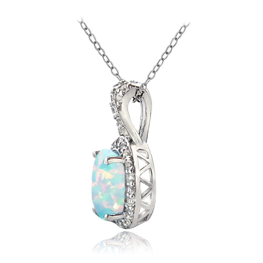 Sterling Silver Created White Opal & White Topaz X and Oval Necklace-2