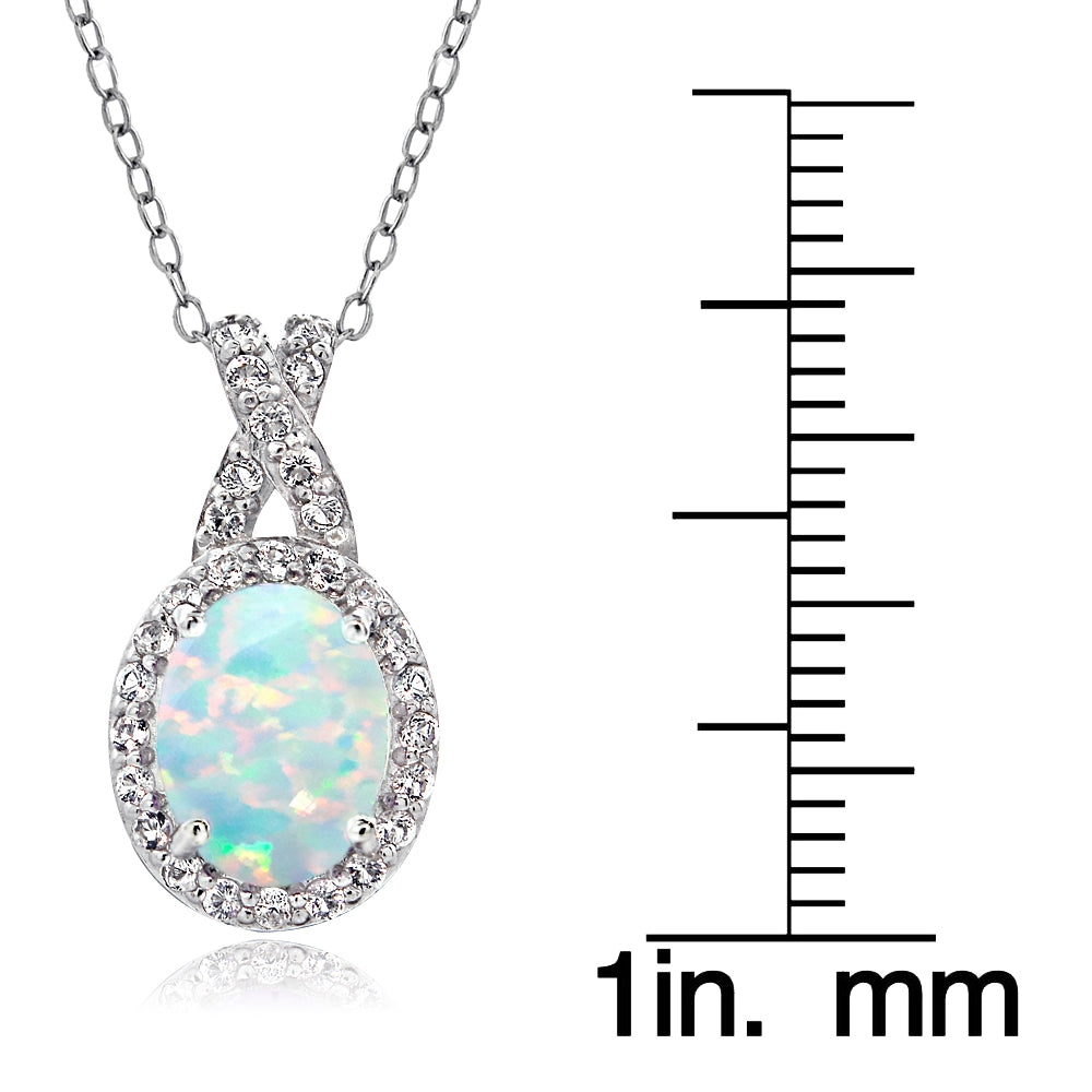 Sterling Silver Created White Opal & White Topaz X and Oval Necklace-3