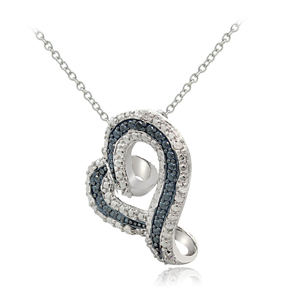 Sterling Silver 1/8ct TDW Blue & White Diamond Floating Heart Necklace-2