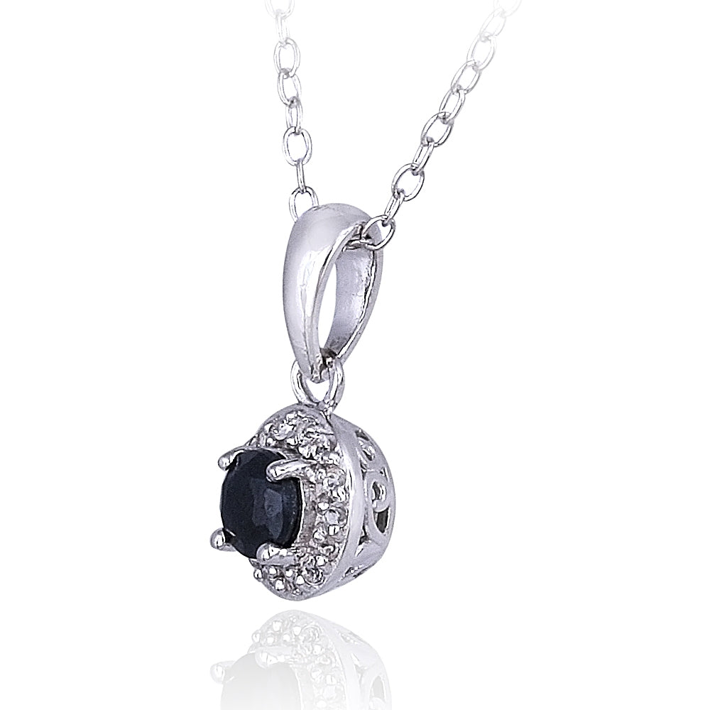 Sterling Silver Black Sapphire & White Topaz Halo Necklace-2