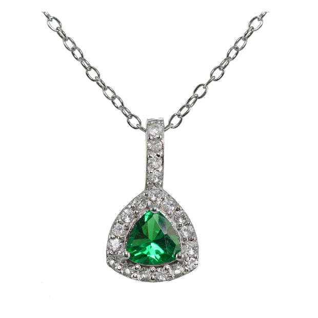 Sterling Silver Created Emerald & White Topaz Trillion-Cut Necklace
