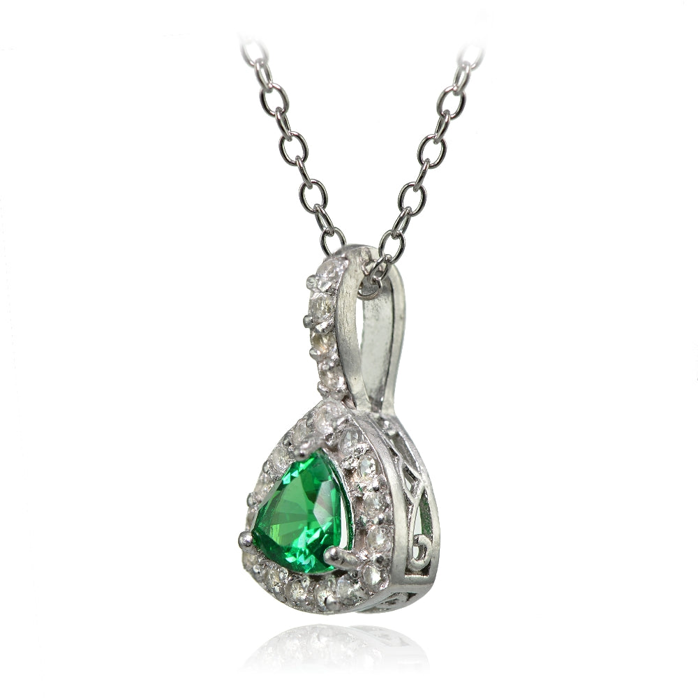 Sterling Silver Created Emerald & White Topaz Trillion-Cut Necklace-2
