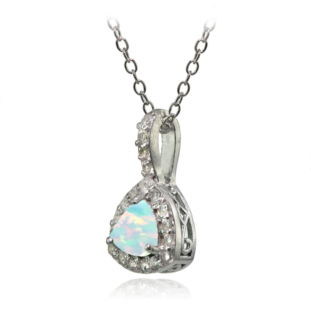 Sterling Silver Created Opal & White Topaz Trillion-Cut Necklace-2