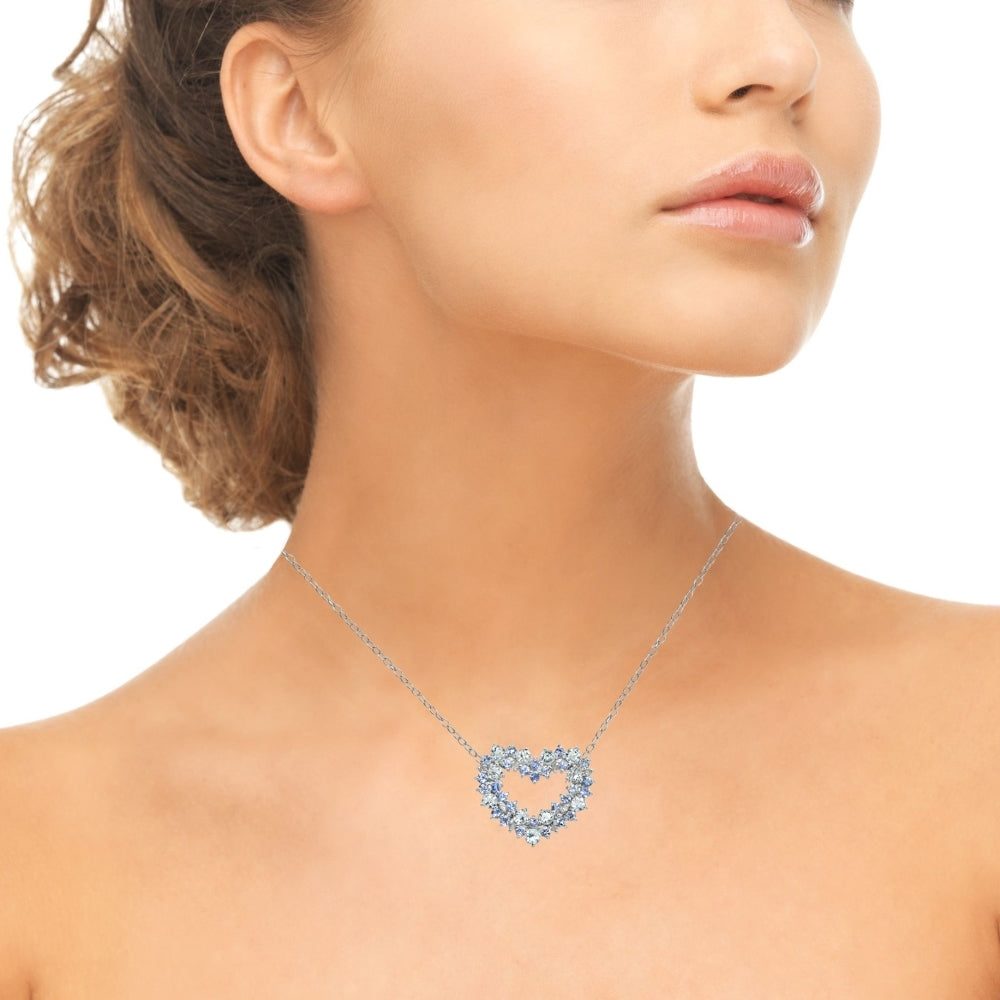 Sterling Silver 1.8ct TGW Aquamarine & Tanzanite & 1/10 ct tdw Diamond Cluster Heart Necklace-2