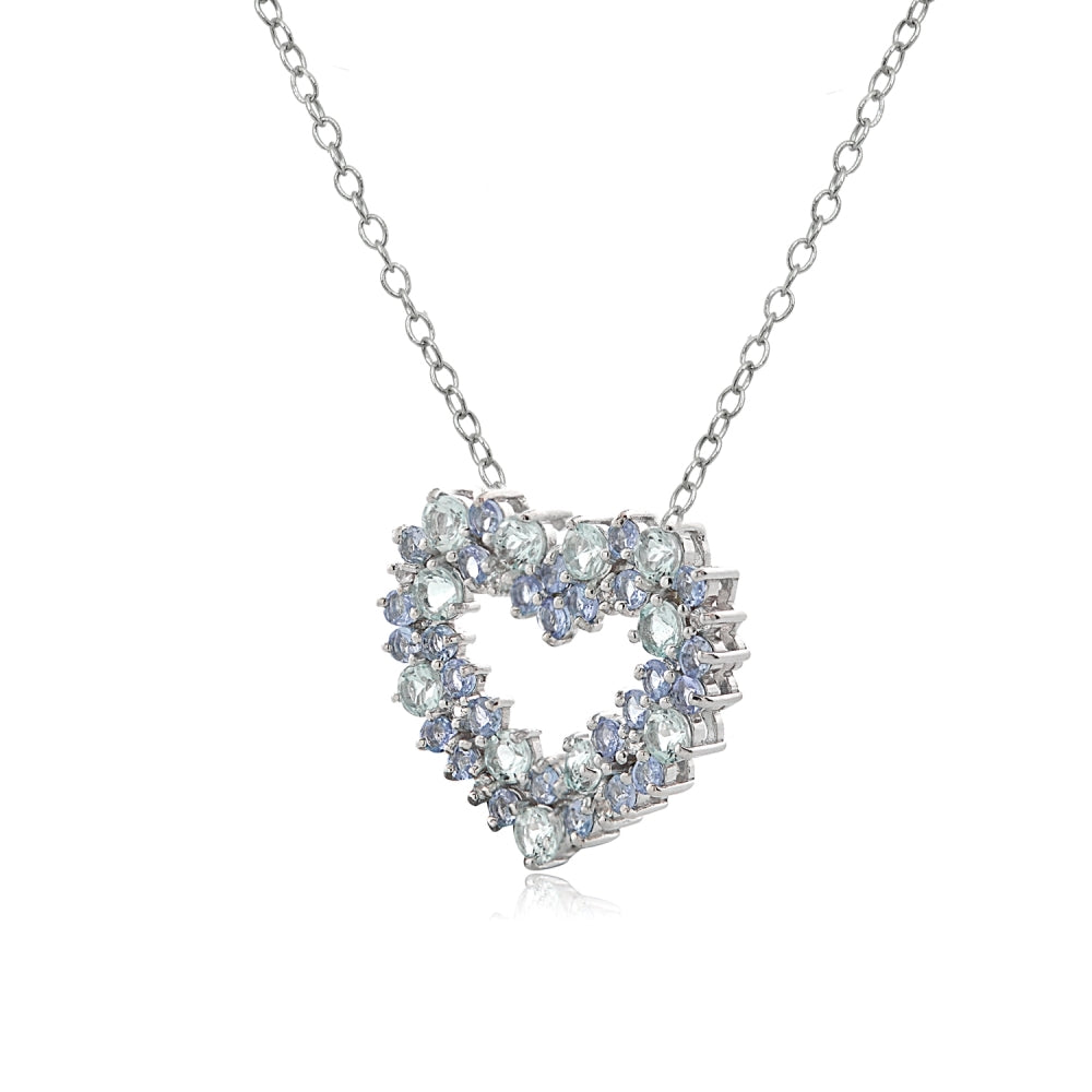 Sterling Silver 1.8ct TGW Aquamarine & Tanzanite & 1/10 ct tdw Diamond Cluster Heart Necklace-3