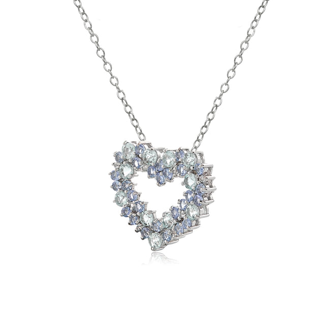 Sterling Silver 1.8ct TGW Aquamarine & Tanzanite & 1/10 ct tdw Diamond Cluster Heart Necklace