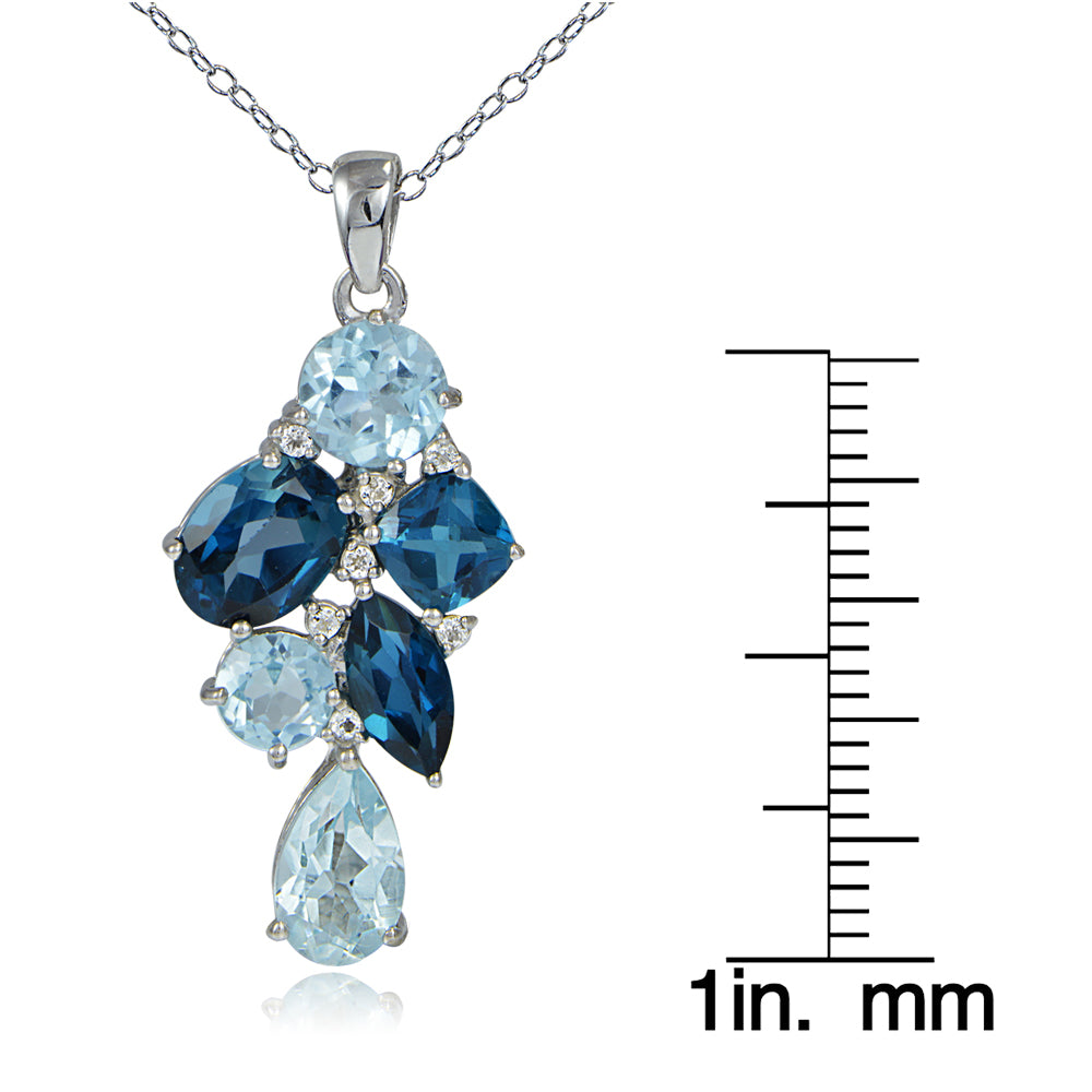 Sterling Silver London Blue, Blue Topaz and White Topaz Tonal Cluster Necklace-3