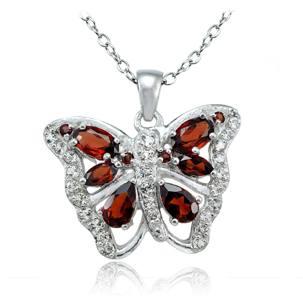 Sterling Silver Garnet and White Topaz Butterfly Necklace