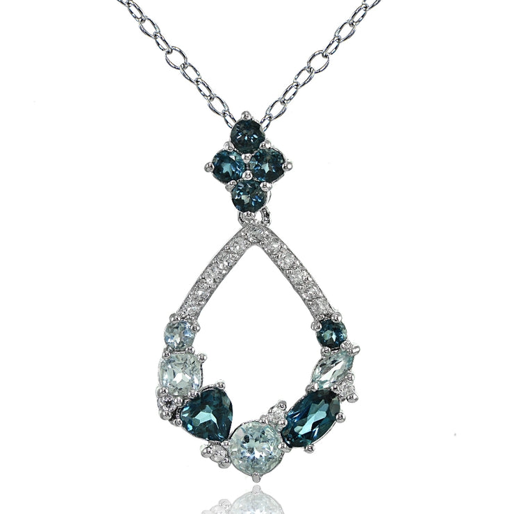 Sterling Silver London Blue, Blue and White Topaz Open Teardrop Cluster Flower Necklace