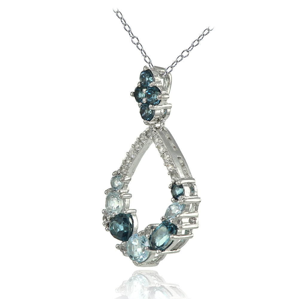 Sterling Silver London Blue, Blue and White Topaz Open Teardrop Cluster Flower Necklace-2