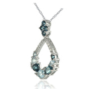 Sterling Silver London Blue, Blue and White Topaz Open Teardrop Cluster Flower Necklace
