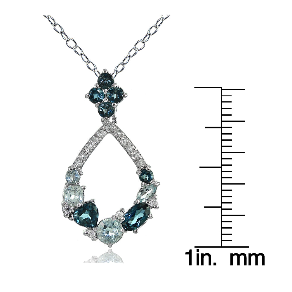 Sterling Silver London Blue, Blue and White Topaz Open Teardrop Cluster Flower Necklace-3