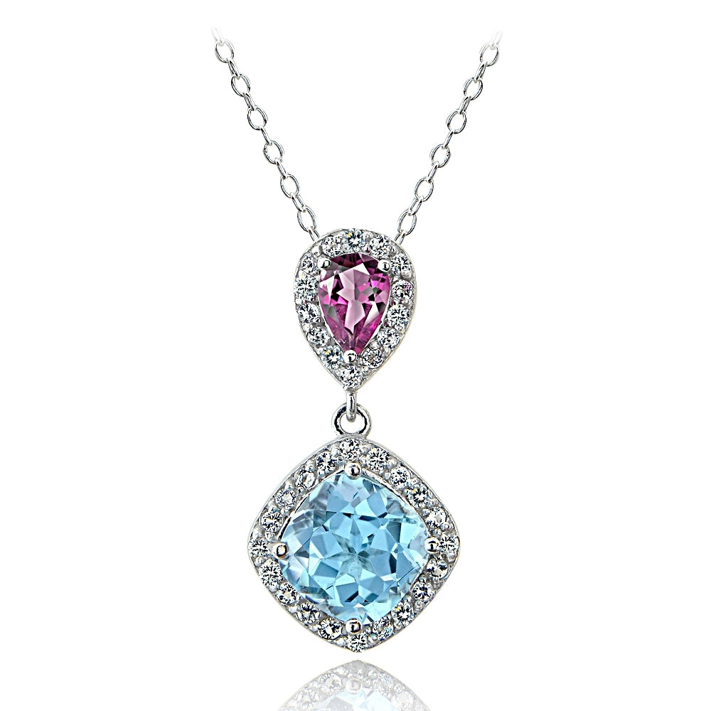 Sterling Silver Blue Topaz and Pink Tourmaline and White Topaz Dangle Necklace