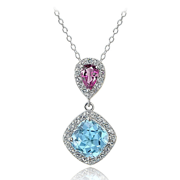 Sterling Silver Blue Topaz and Pink Tourmaline and White Topaz Dangle Necklace