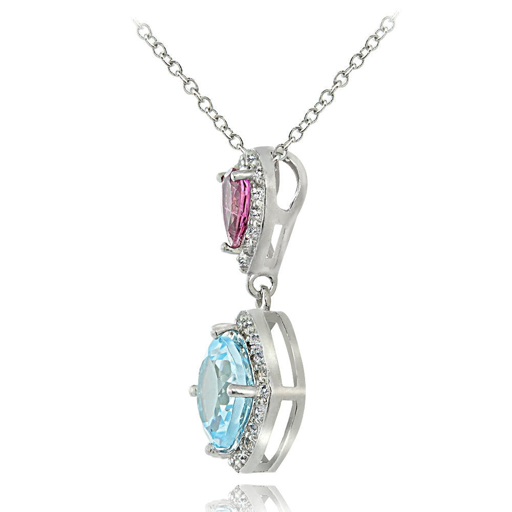 Sterling Silver Blue Topaz and Pink Tourmaline and White Topaz Dangle Necklace-2