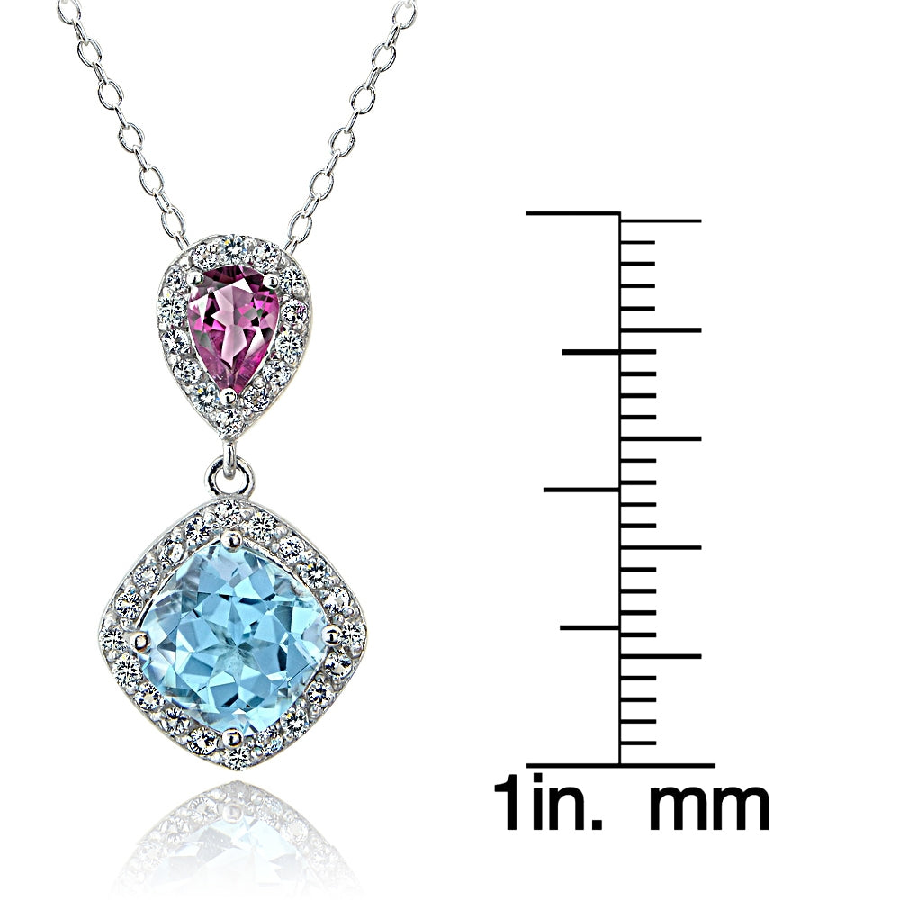 Sterling Silver Blue Topaz and Pink Tourmaline and White Topaz Dangle Necklace-3