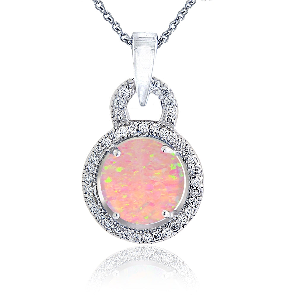 Sterling Silver Created Pink Opal & Cubic Zirconia Round Necklace