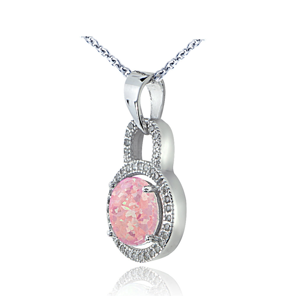 Sterling Silver Created Pink Opal & Cubic Zirconia Round Necklace-2