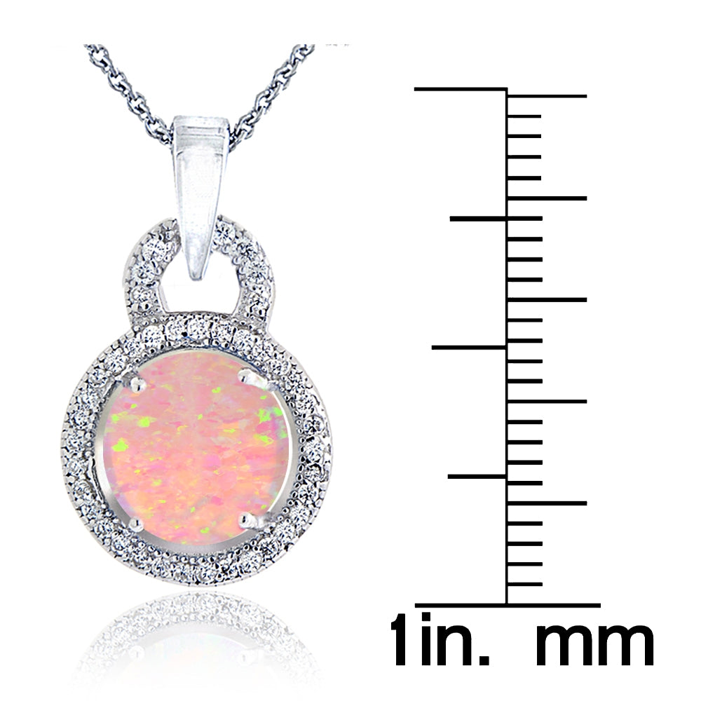 Sterling Silver Created Pink Opal & Cubic Zirconia Round Necklace-3