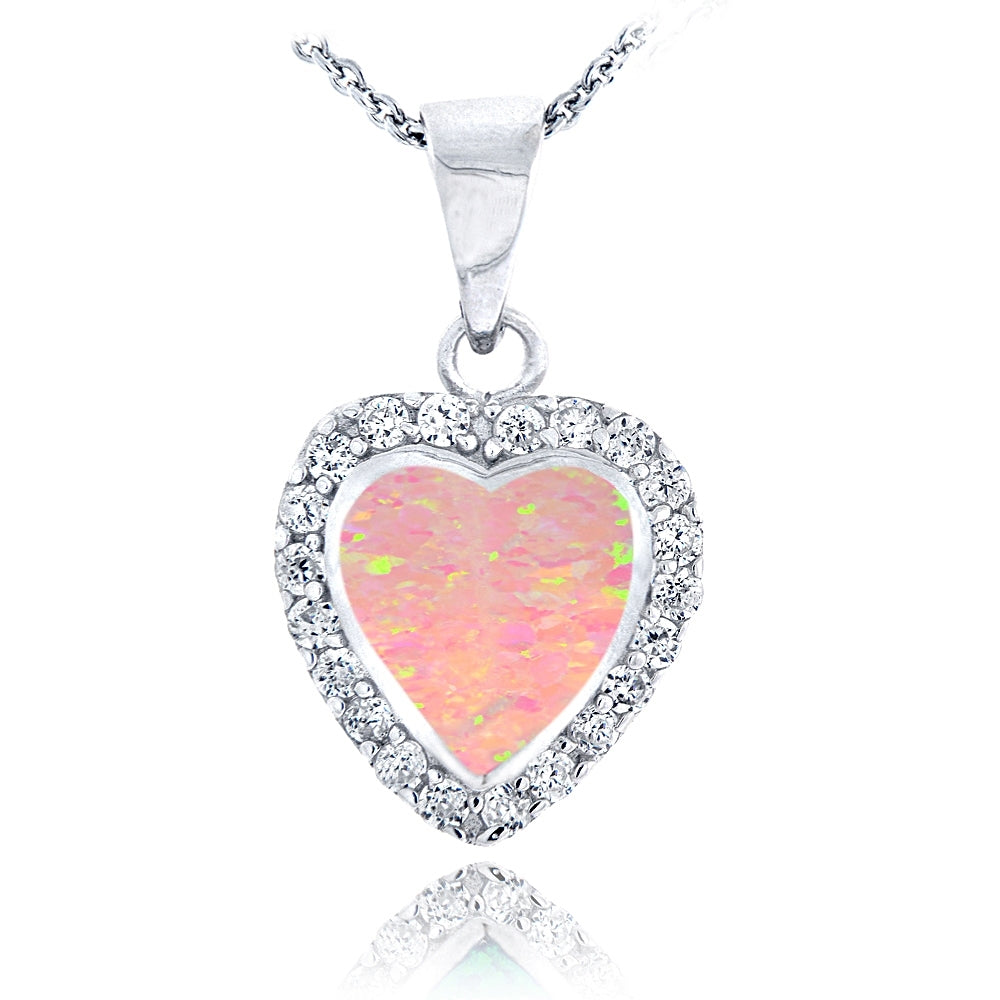 Sterling Silver Created Pink Opal & Cubic Zirconia Heart Necklace