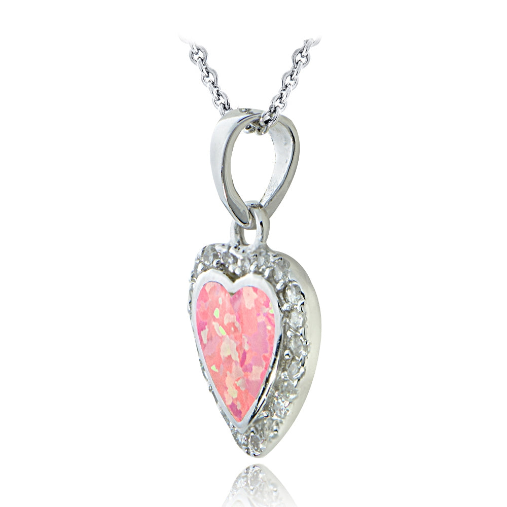 Sterling Silver Created Pink Opal & Cubic Zirconia Heart Necklace-2