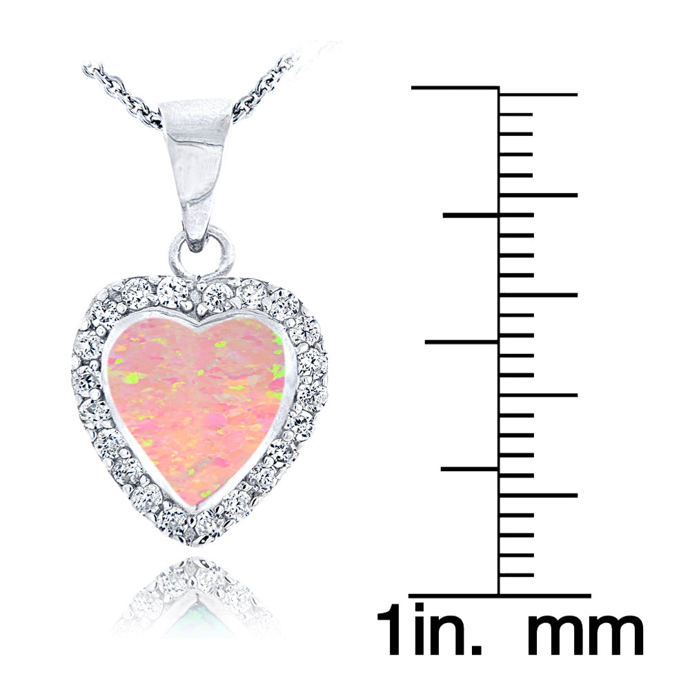 Sterling Silver Created Pink Opal & Cubic Zirconia Heart Necklace-3