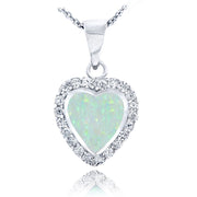 Sterling Silver Created White Opal & Cubic Zirconia Heart Necklace